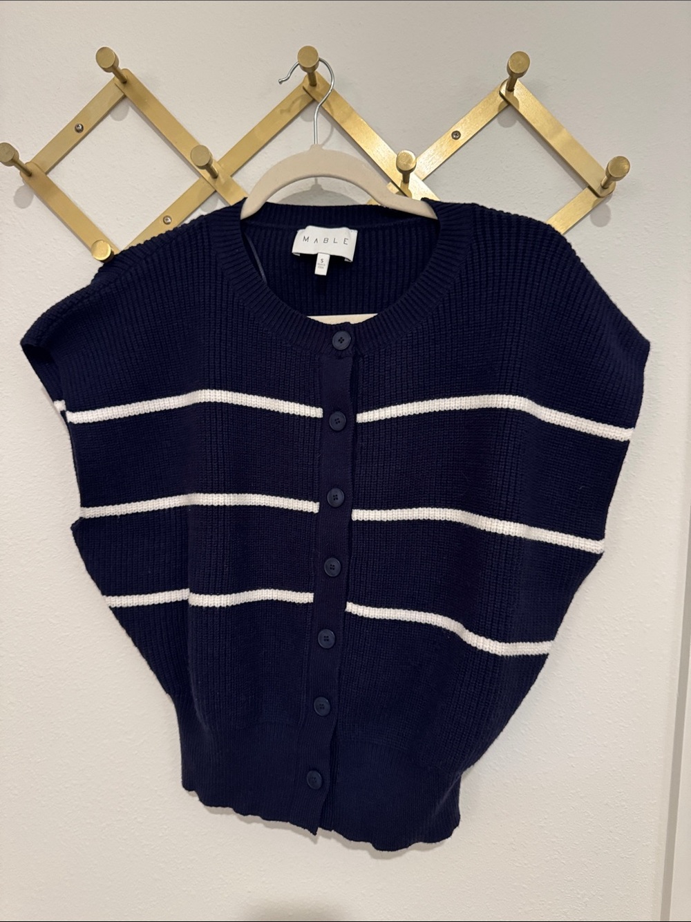 MARBLE Navy and White Striped Button-Front Sweater Vest